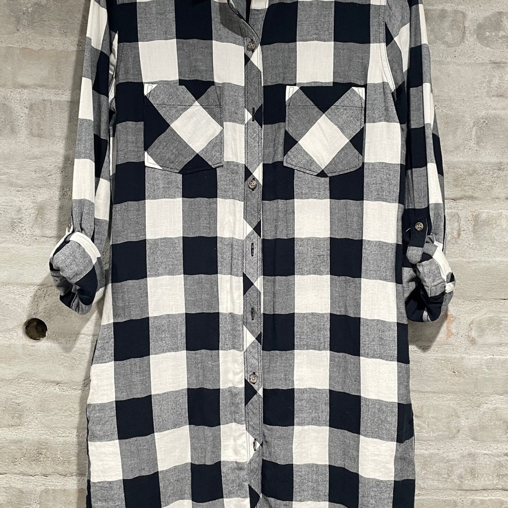 Black and White Plaid Button-Up Shirt Dress